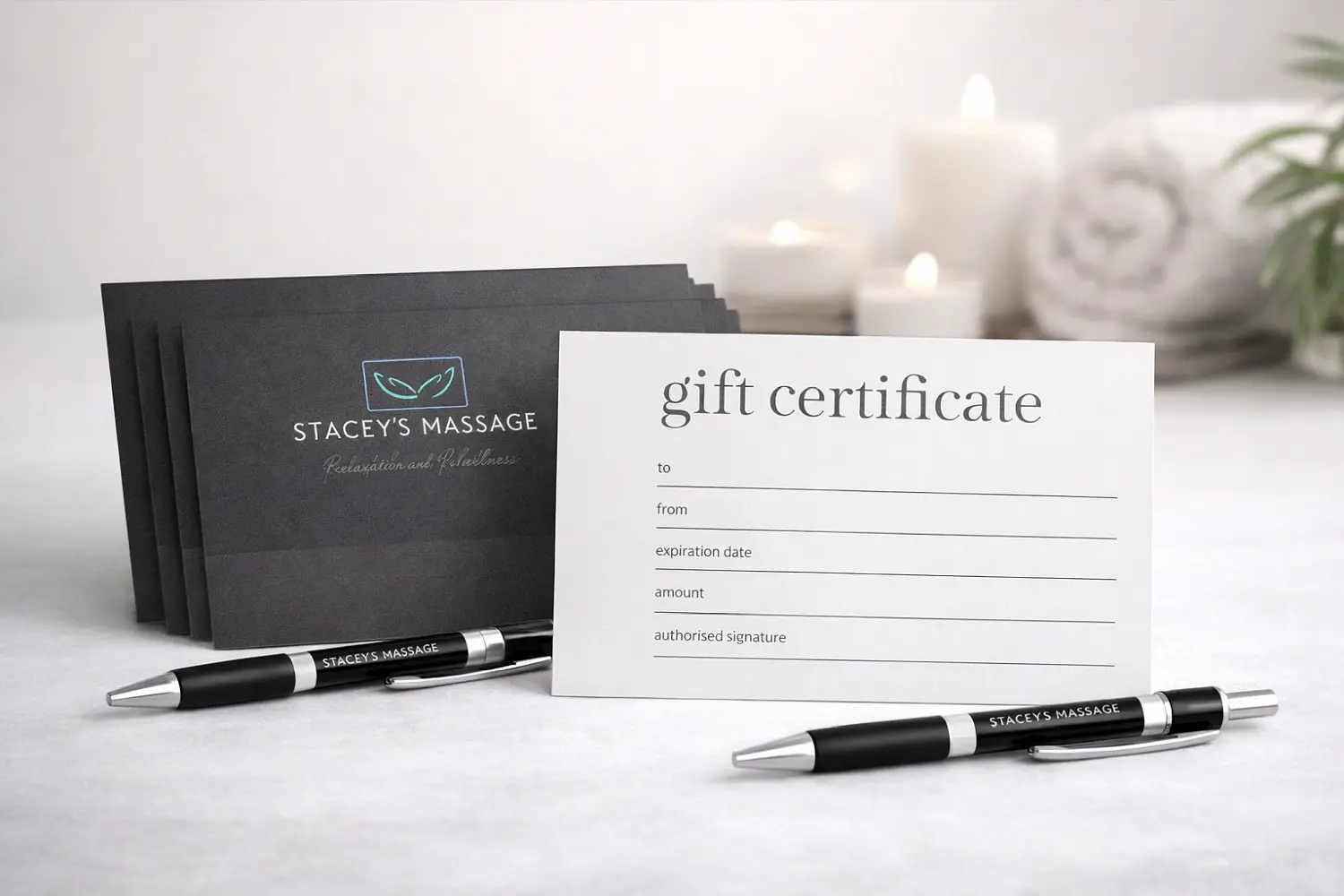 Stacey’s Massage gift certificates displayed on a clean spa-style surface, featuring dark grey branded envelopes, white gift vouchers, and branded pens.