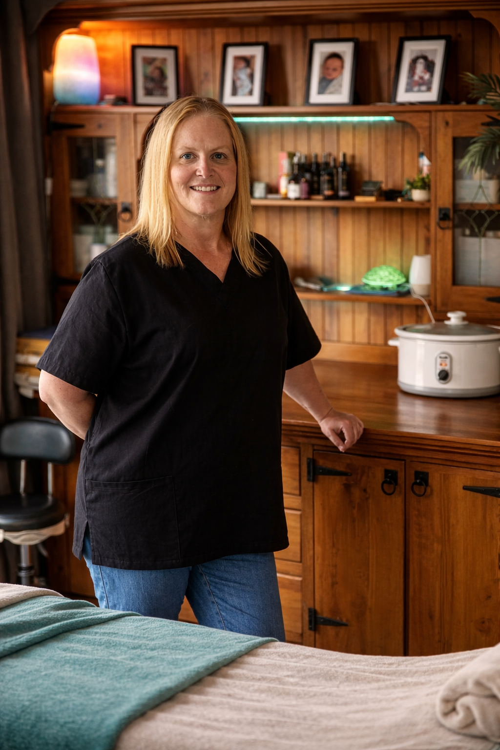Stacey, a remedial massage therapist, standing in her calm home treatment room beside a massage table.